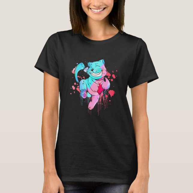 Camiseta Gatinho Bonito Abraçando Um Gato De Arte Colorida  (Frente)