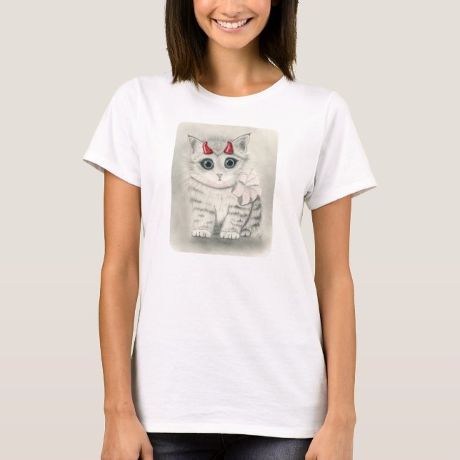 Camiseta Gatinho bonito do diabo, Tshirt vermelho pequeno (Frente)