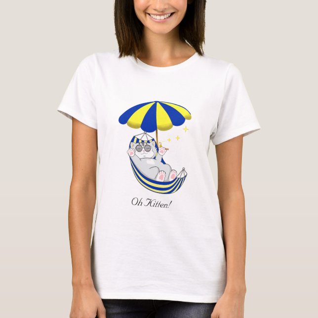Camiseta Gatinho Bonito em Hammock Azul e Amarelo (Frente)