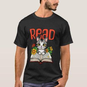 Camiseta Gatinho Bonito Lendo Livro com Flores Amantes da L