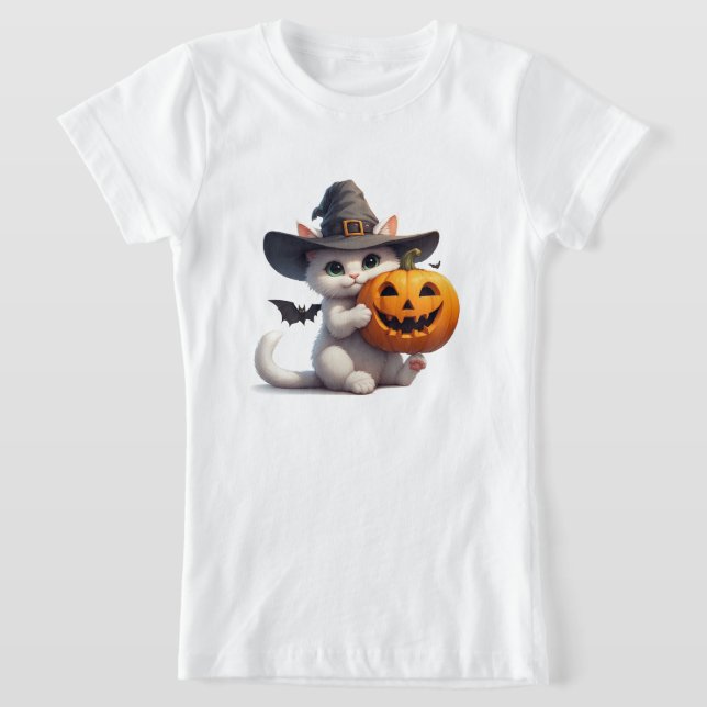 Camiseta Gatinho Branco de Halloween Abóbora Lanterna 🦇 (Postura )