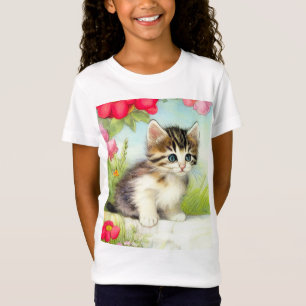 Camiseta Gatinho Branco e Marrom Vintage com Flores
