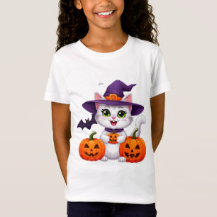Camiseta Gatinho Branco Fofinho Abóbora Bruxa Chapéu de Hal
