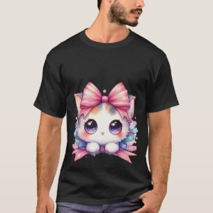 Camiseta Gatinho Branco Kawaii Fofo com Laço Rosa Magia Gat
