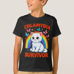 Camiseta Gatinho Branco Sarcástico Sobrevivente da Clamídia