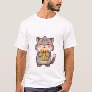 Camiseta Gatinho Cinza Kawaii Fofo Abraçando Caixa de Prese