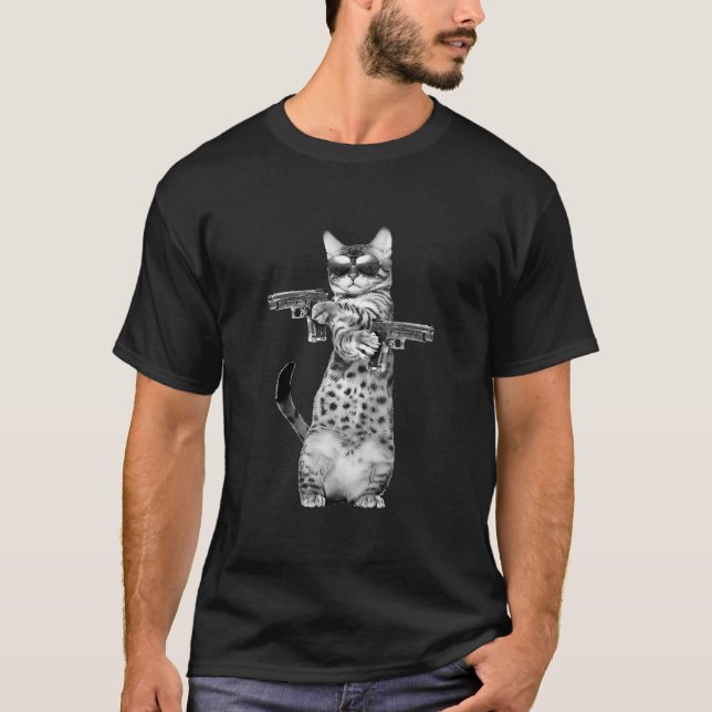 Camiseta Gatinho Com Gun Engraçado Pew Cat (Frente)