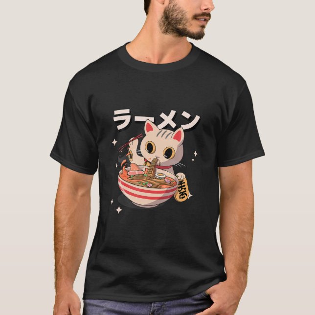 Camiseta Gatinho Comendo Ramen Japonês, Ficheiro Kawaii. (Frente)