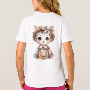 Camiseta Gatinho Cottagecore com Macacão e Chapéu de Palha