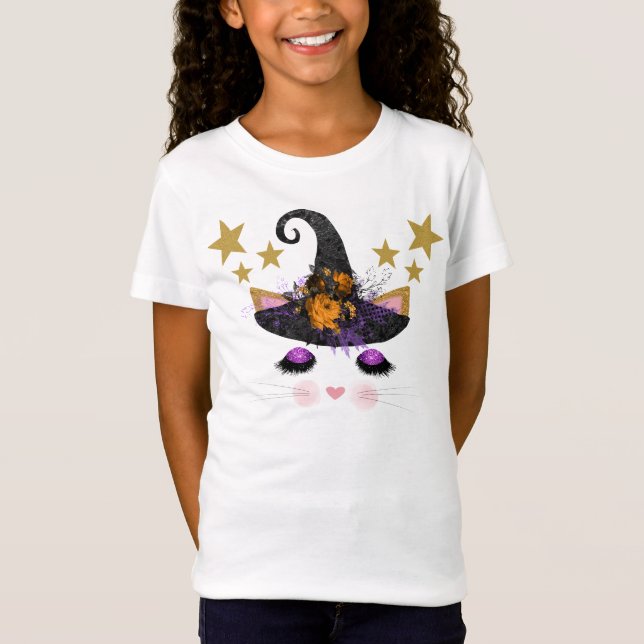 Camiseta Gatinho de bruxa bonita no Halloween (Frente)