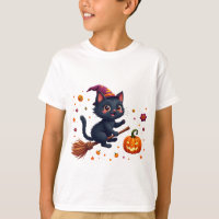 Gatinho de Bruxa Fofa Montado em Vassoura Hallowee