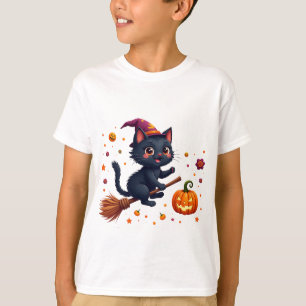 Camiseta Gatinho de Bruxa Fofa Montado em Vassoura Hallowee