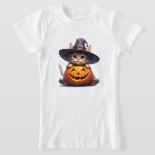 Camiseta Gatinho de Bruxa Fofa Segurando Jack O Lantern 🎃