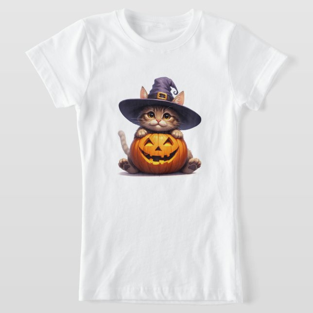 Camiseta Gatinho de Bruxa Fofa Segurando Jack O Lantern 🎃 (Postura )