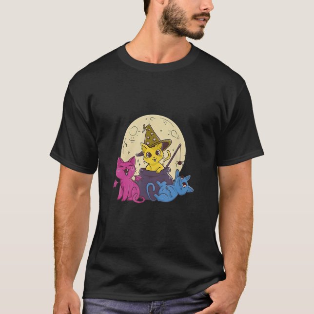 Camiseta Gatinho de Bruxas LGBT Gato de Halloween Pansexual (Frente)