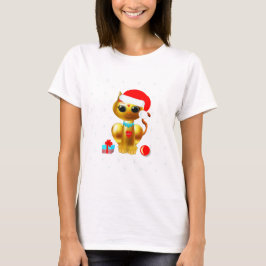 Camiseta Gatinho de desenho animado fofo de Natal dourado