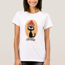 Camiseta GATINHO DE DESENHO PRETO CHILLAXIN' Com Chapéu de
