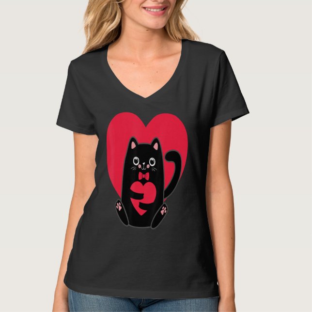 Camiseta Gatinho de Gatinho Gato Negro Dia de os namorados  (Frente)