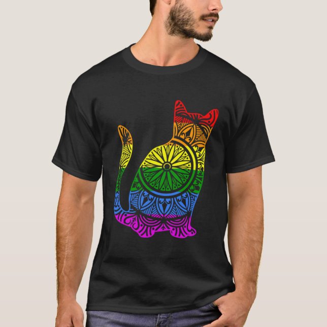Camiseta Gatinho de Gato Arco-Íris Mandala Lotus Flower Yog (Frente)