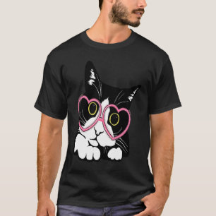 Camiseta Gatinho de gato preto legal óculos vermelhos coraç