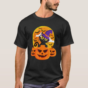 Camiseta Gatinho de Halloween Gato Preto Chapéu de Bruxa Ab