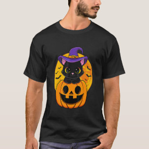 Camiseta Gatinho de Halloween Preto Chapéu de Bruxa Abóbora