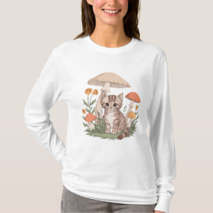 Camiseta Gatinho de mesa giro em cogumelo e floresta de flo