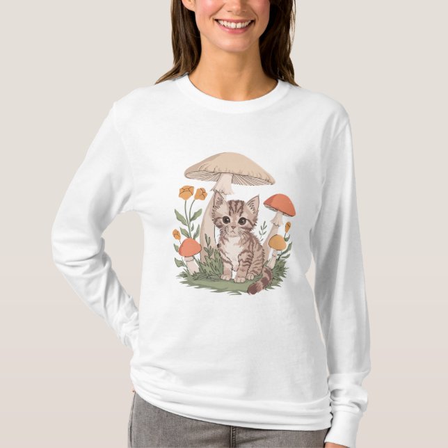 Camiseta Gatinho de mesa giro em cogumelo e floresta de flo (Frente)