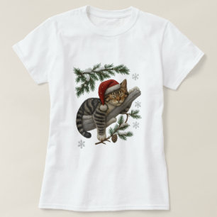 Camiseta Gatinho de Natal Dormindo no Galho Nevado