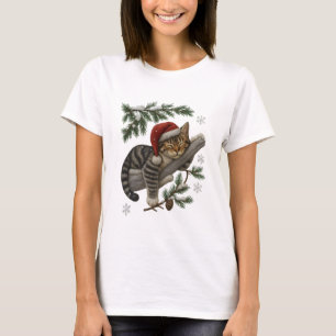 Camiseta Gatinho de Natal Dormindo no Galho Nevado