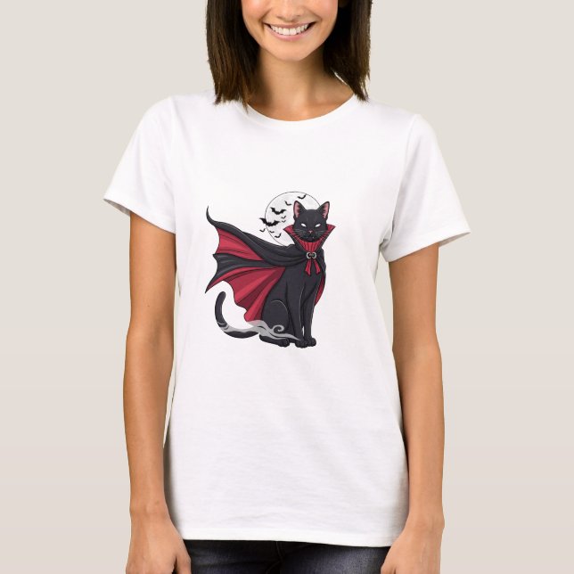 Camiseta Gatinho de Vampiro - Mulher Gato de Halloween Fang (Frente)
