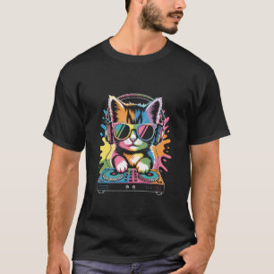 Camiseta Gatinho DJ nos toca-discos Música Rave de Sintetiz