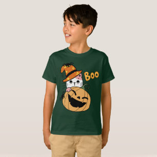 Camiseta Gatinho do Dia das Bruxas com Abóbora e Aranha