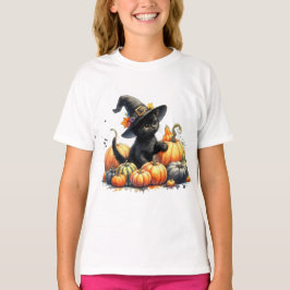 Camiseta Gatinho do Dia das Bruxas Negro com Pumpkins e Cha