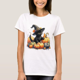 Camiseta Gatinho do Dia das Bruxas Negro com Pumpkins e Cha