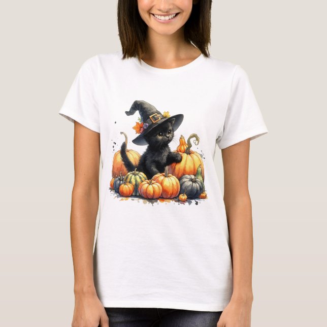 Camiseta Gatinho do Dia das Bruxas Negro com Pumpkins e Cha (Frente)
