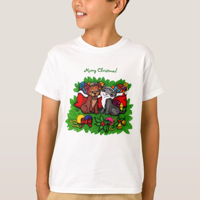 Camiseta Gatinho e puppy, XMas feliz (Frente)