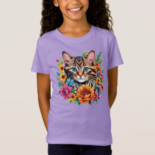 Camiseta Gatinho em Grinalda Floral Colorida