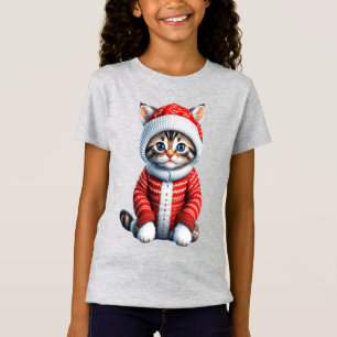 Camiseta Gatinho em um doce de Natal vermelho e branco