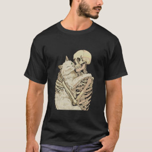 Camiseta Gatinho Esqueleto Abraçando Gato Gráfico Halloween