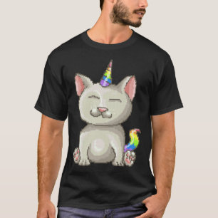 Camiseta Gatinho Feliz Pixel Arco-íris Gato Unicórnio