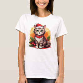 Camiseta Gatinho festivo no Chapéu Vermelho e Colar