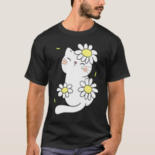 Camiseta Gatinho Floral de Primavera Daisy Cat Com Flor Ani