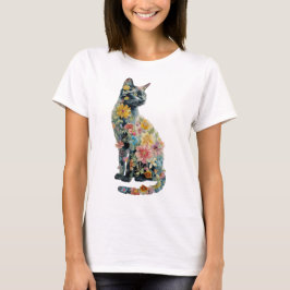 Camiseta Gatinho flores silvestres pintura aquarela gato mã
