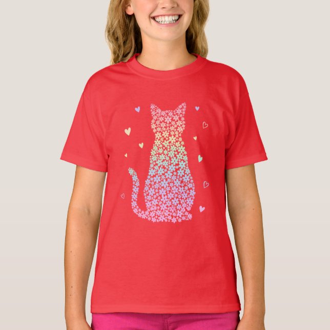 Camiseta gatinho fofo arco-íris corações gradiente pastel p (Frente)