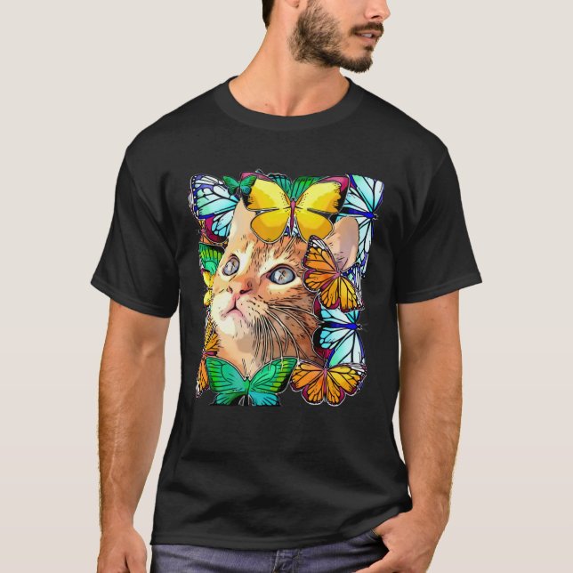 Camiseta Gatinho Fofo Brincando com Borboletas (Frente)