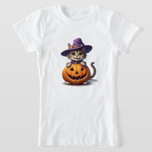 Camiseta Gatinho Fofo Com Chapéu de Bruxa e Abóbora 👻