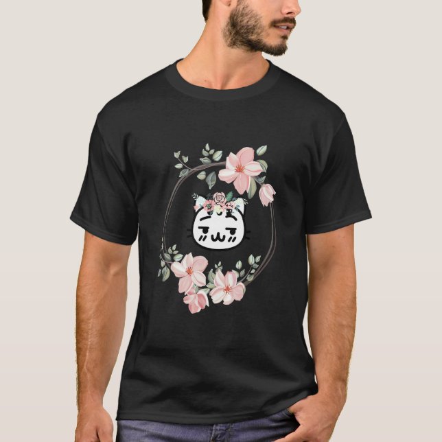 Camiseta Gatinho Fofo Com Flores Adorno Na Cabeça E Moldura (Frente)