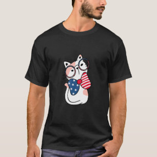 Camiseta Gatinho Fofo Com Óculos Laço Vermelho Branco & Azu