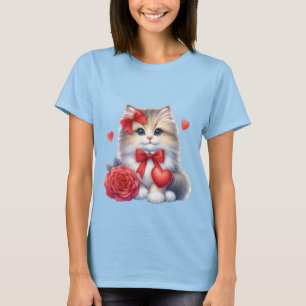 Camiseta Gatinho Fofo com Rosa Vermelha e Arte de Amor em C